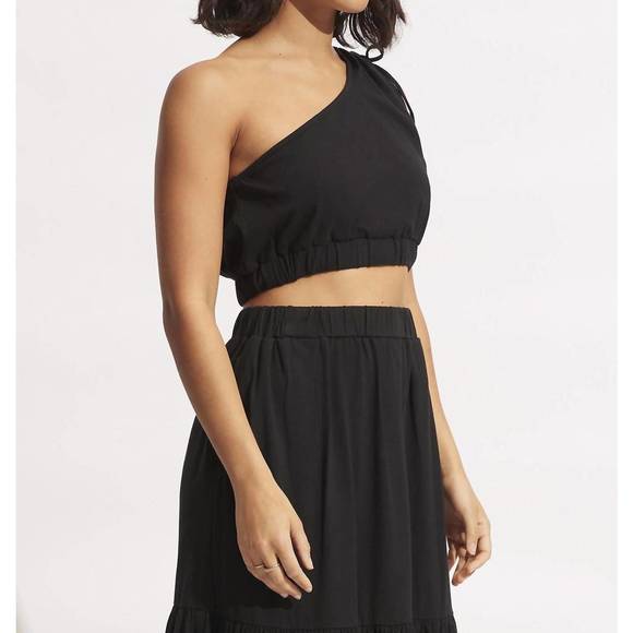 NEW SEAFOLLY one shoulder crop top in knit black - Picture 4 of 7